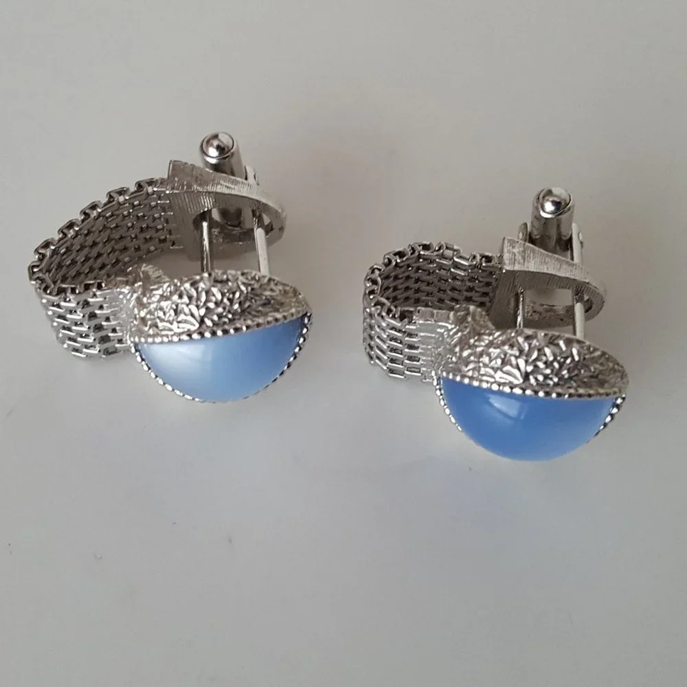 Cufflinks Vintage Swank Moonglow Cat's Eye Silvertone Metal Mesh Wrap**